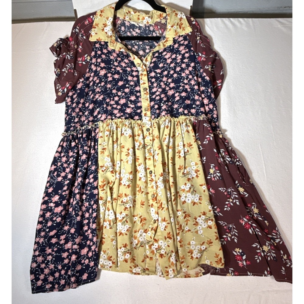 Easel Mixed Floral Print Patchwork Tunic Top Blouse Womens Size L Oversized Boho